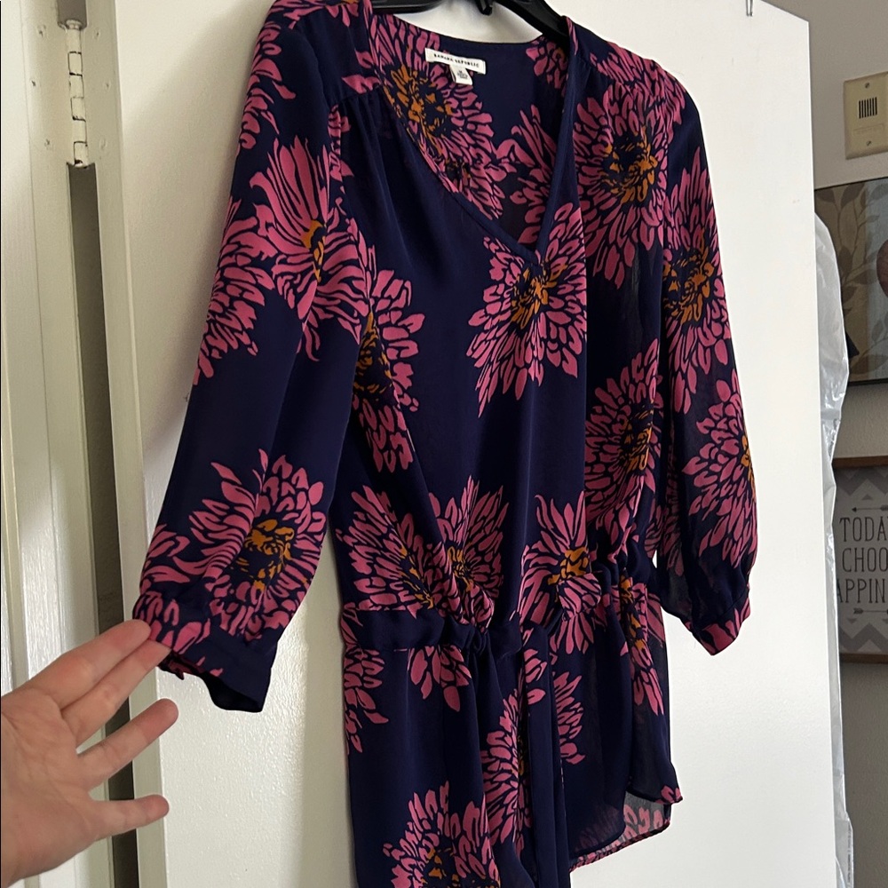 Banana Republic Navy and Pink Floral Blouse
